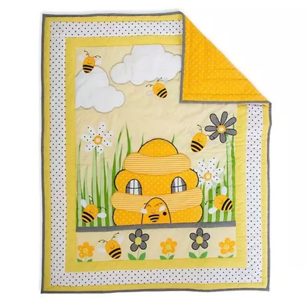 Mackenzie Childs Baby Bee 2 Pc Bedding Set Toddler Crib Quilted Blanket Skirt